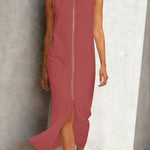 Sleeveless Stand Collar Zip Front Maxi Dress - red