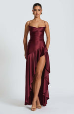 Backless Ruffles Irregular Maxi Dress -burgndy