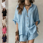 Single-Breasted Short-Sleeved Shirt Wide-Leg Shorts - blue