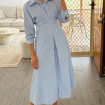 Blue Striped Single-breasted Maxi Shirt Dress