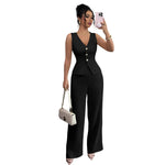Sleeveless Slim V-neck Vest And High Waist Trousers Two-piece Set - black