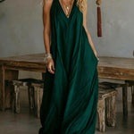 Casual Sleeveless Loose Fit Vest V-neck Maxi Dress With Front Pockets - dark green