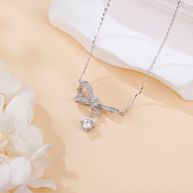 Sterling Silver Bow Moissanite Drop Necklace
