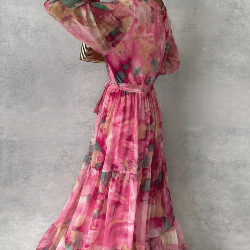 High-waisted Big Swing Chiffon Maxi Dresses - Rose Red