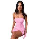 Ruched Strapless Bodycon Mini Dress with Side Split - pink