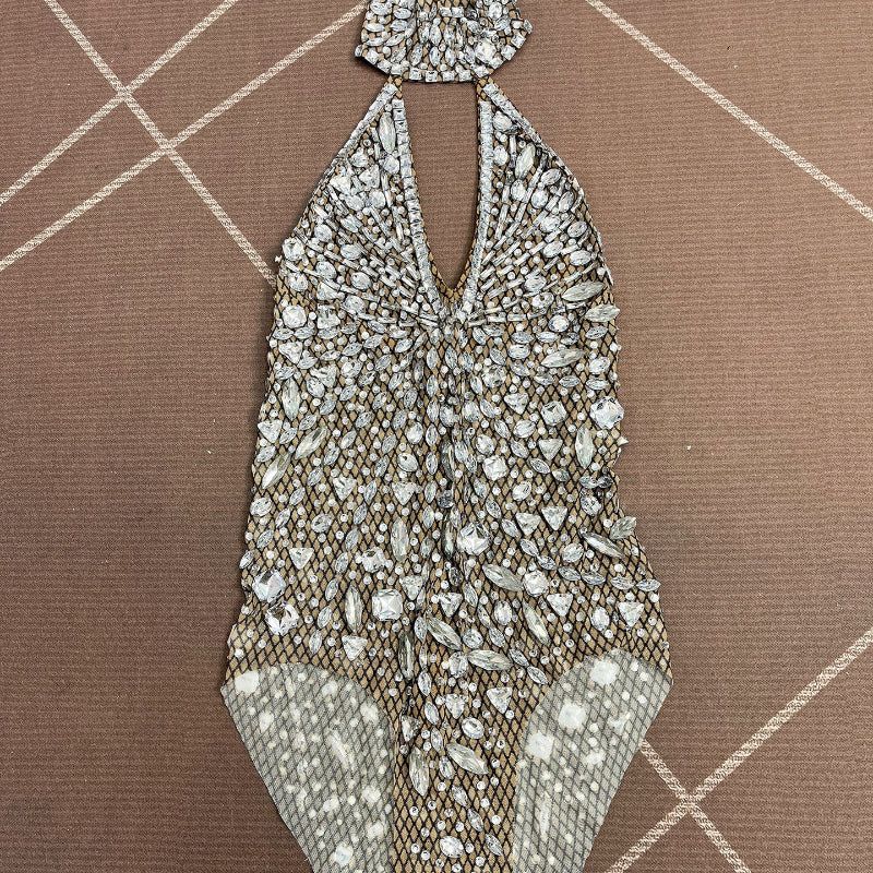 Silver Full-Crystal Rhinestone All-Over Embellished Halter Mock-Neck Keyhole High-Cut Backless Bodysuit