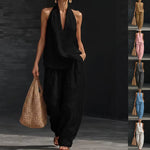 Sleeveless V-neck Halter Top And Wide-leg Pants - black