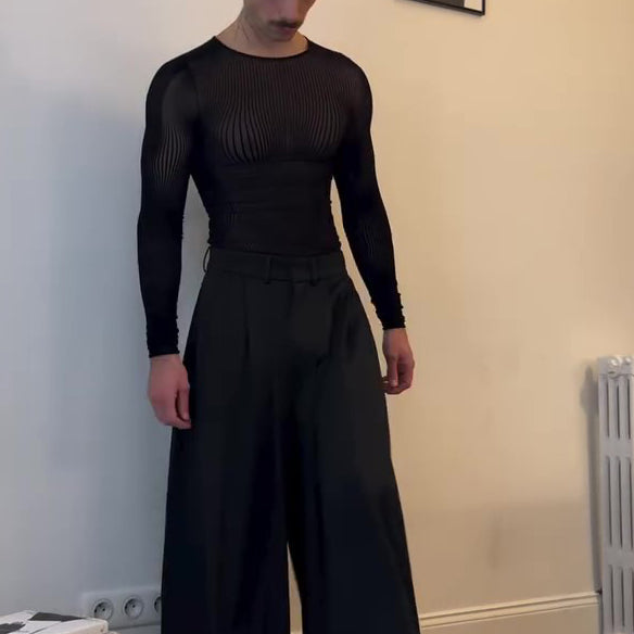 Black Mesh Long-Sleeve Top With Sheer Design