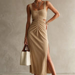 Strap-style Fashionable And Elegant Midi Dress - khaki