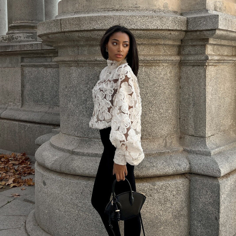 White Floral Pearl Textured Shirt