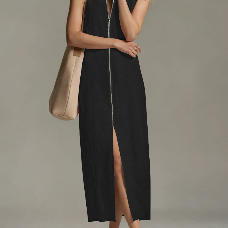 Sleeveless Stand Collar Zip Front Maxi Dress - black