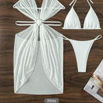 Rhinestone Heart Hardware Halter Bikini Set with Mesh Skirt — 3 Piece - white