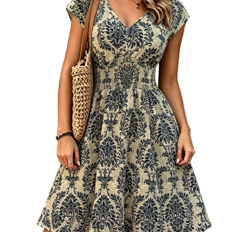 Vintage Damask Floral Mini Dress navy blue