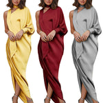 One-Shoulder Batwing-Sleeve Satin Fluid Draped Asymmetric-Hem Maxi Evening Dress