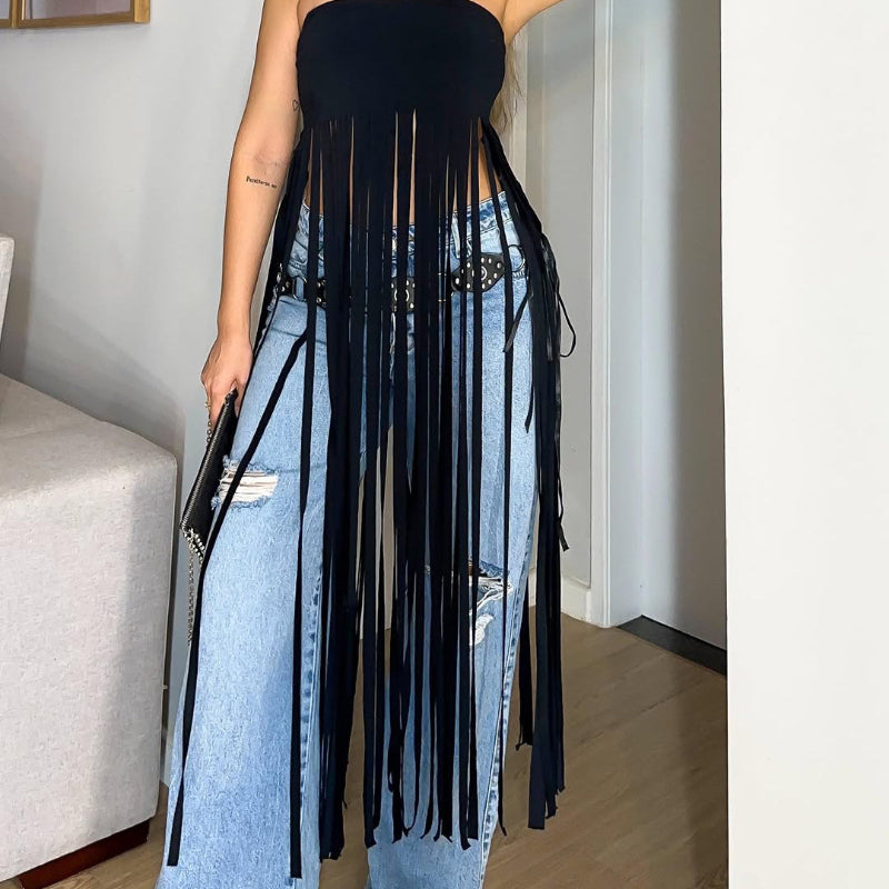 Black Bandeau Fringe Top