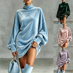 Velvet Roll-Neck Balloon Sleeve Mini Dress