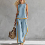 Round-neck Sleeveless Vest Top And High-waist Wide-leg Pants - blue