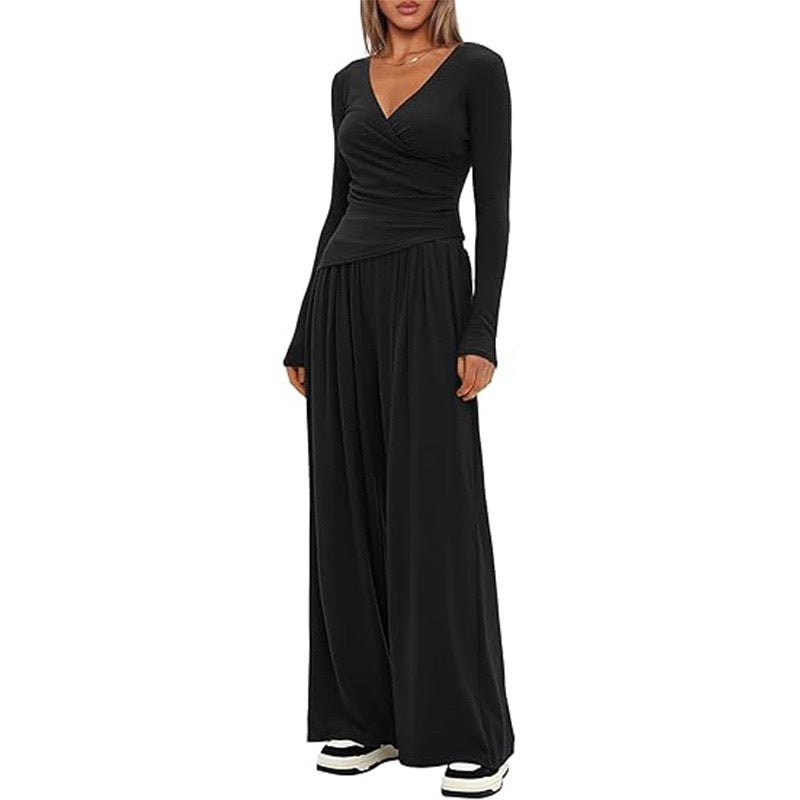 Top And Wide-leg Pants Set - black