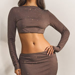Mocha Rhinestone-Embellished Crop Top Maxi Dress