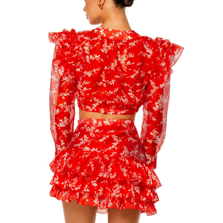 Round Neck Long-sleeved Cropped Top And Printed Mini Skirt Two-piece Set