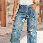 High Waist Straight Leg Jeans Vintage Floral Print