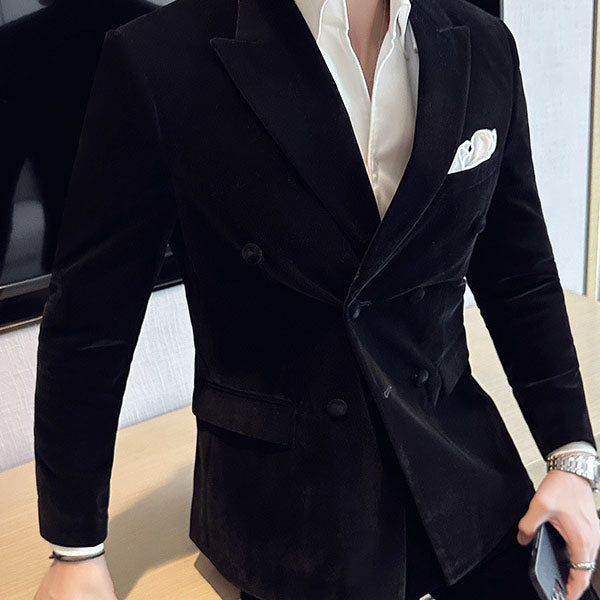 Peak Lapel Double-breasted Velvet Two-piece Suit - black