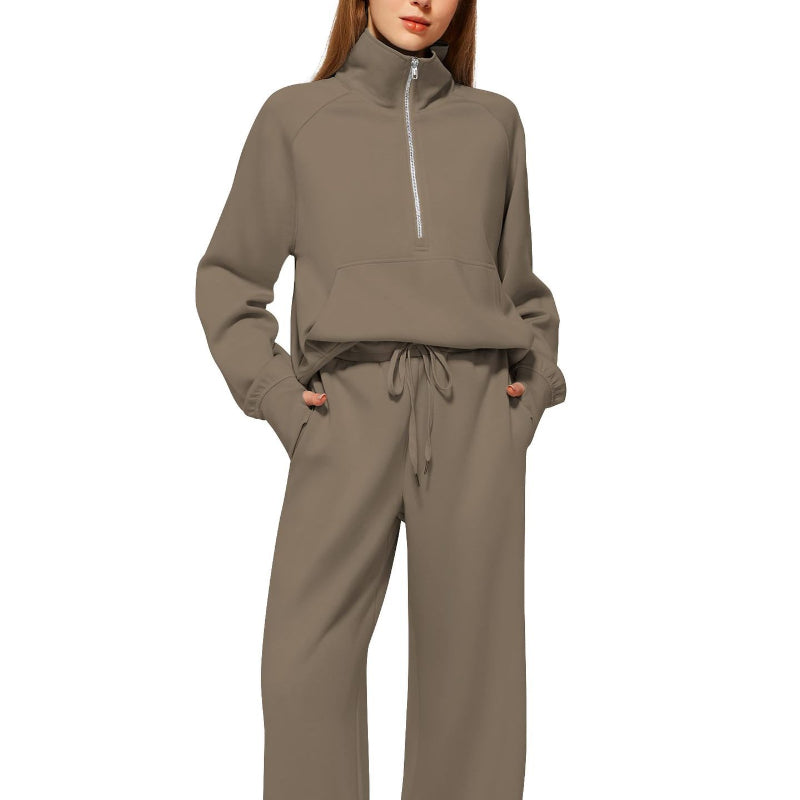 Half Zip Long Sleeve Sweatshirt And Wide Leg Pants Set