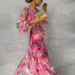 High-waisted Big Swing Chiffon Maxi Dresses - Rose Red