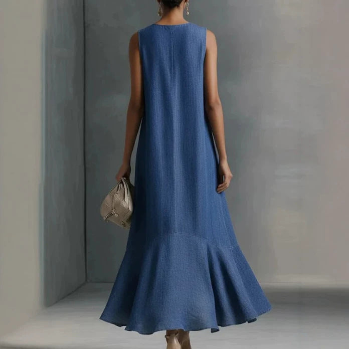 Sleeveless V-Neck Asymmetric Hem Maxi Dress - navy blue