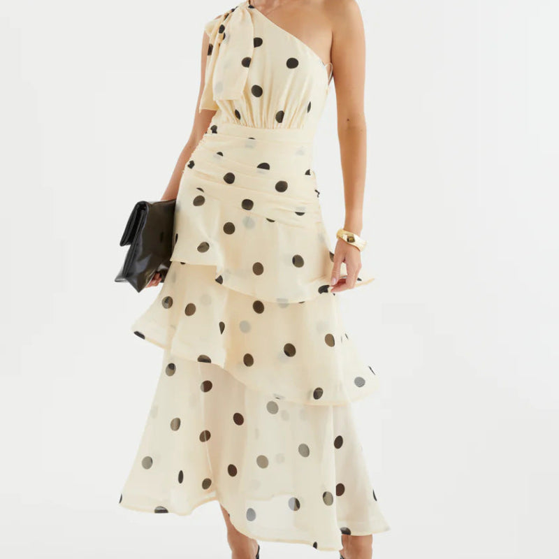 One-Shoulder Lace-Up Backless Large Polka-Dot Four-Tier Ruffle Chiffon Midi Dress — Apricot 