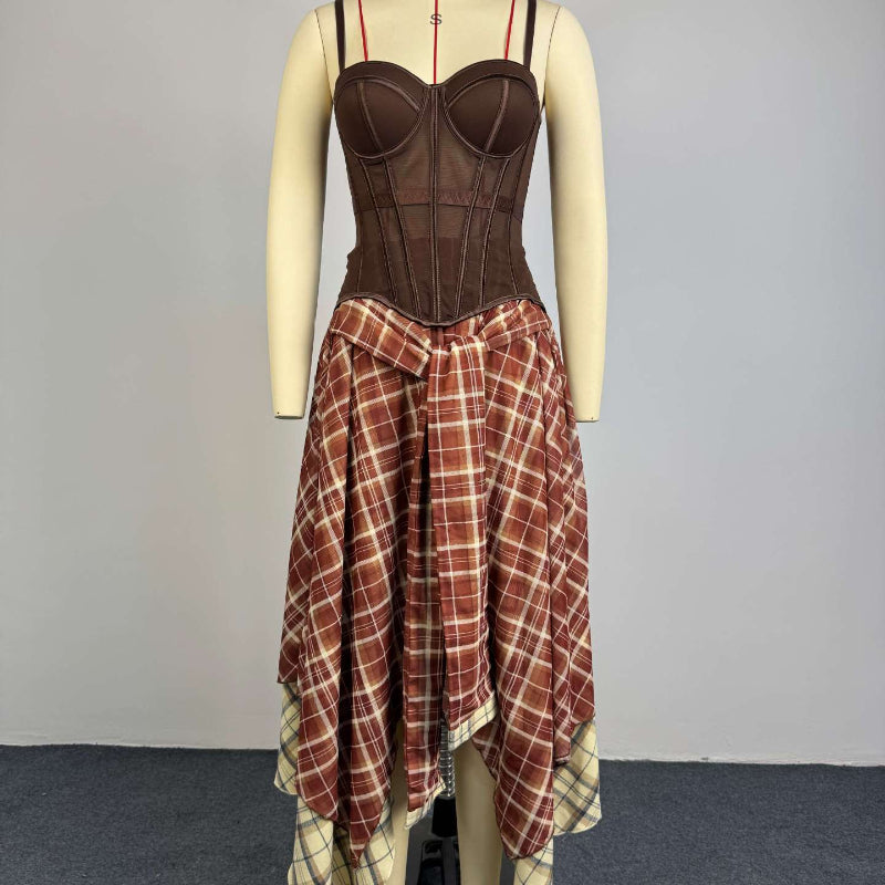 Brown Corset Top & Plaid Asymmetrical Midi Skirt 2-Piece Set