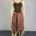 Brown Corset Top & Plaid Asymmetrical Midi Skirt 2-Piece Set