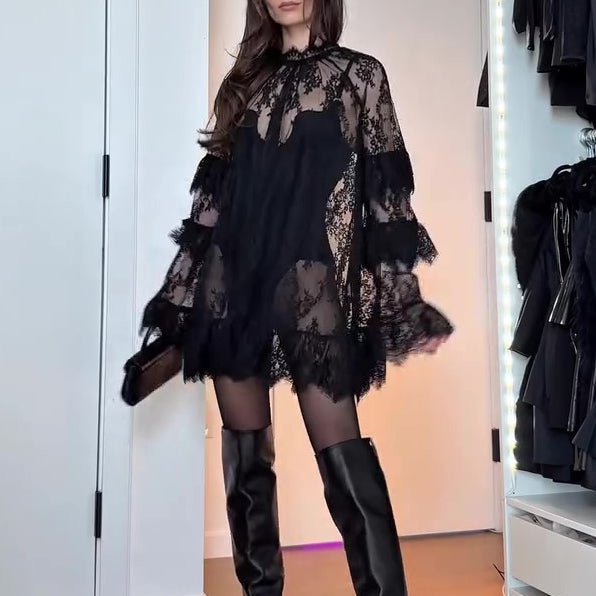 Sheer Lace Long Sleeve Mini Dress