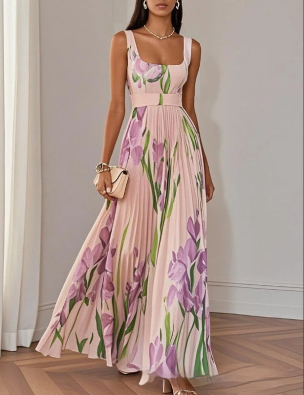 Floral Print Pleated Maxi Dress