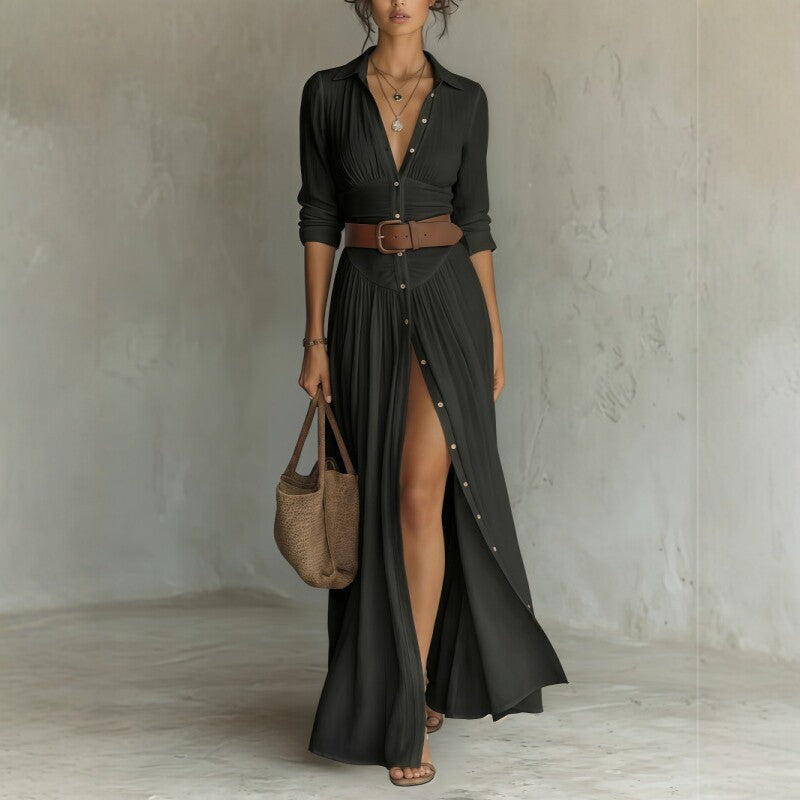 V-Neck Maxi Dress with High Side Split - black