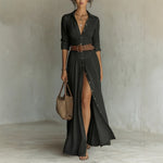 V-Neck Maxi Dress with High Side Split - black