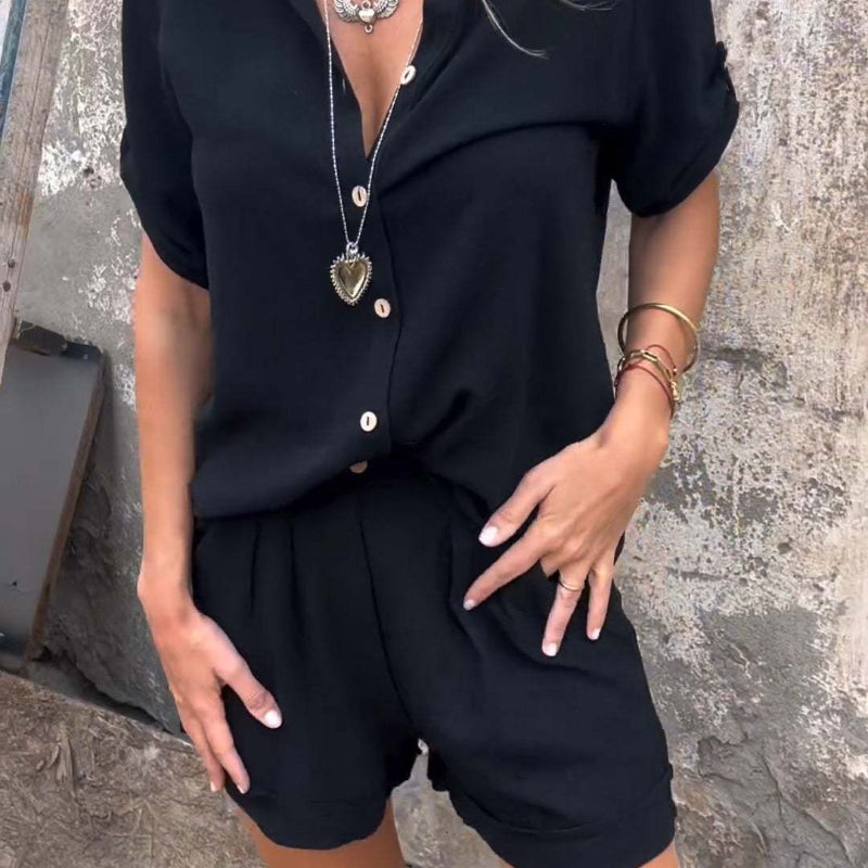 Lapel Button Shirt Top And Pocket Shorts - black