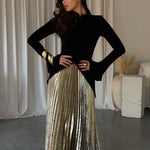 Black Bell Sleeve Irregular Hem Top & Pleated Maxi Skirt Set