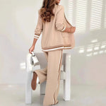 2 Pcs Set Long Sleeves Jacket Wide Leg High Waist Trousers Outfit -beige