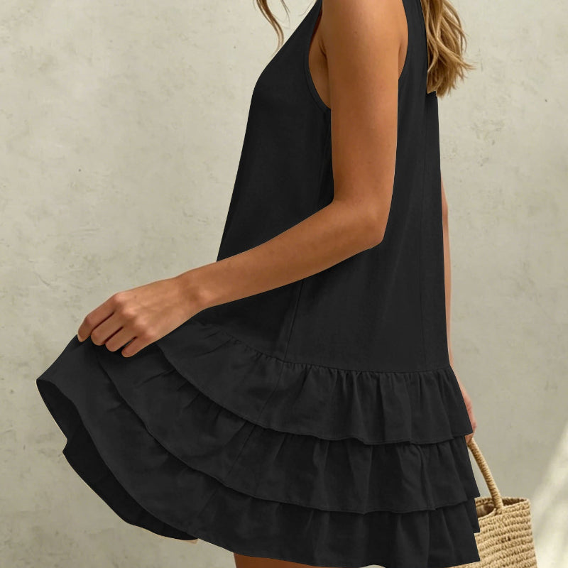 Sleeveless V-Neck Layered Ruffle Mini Dress - black