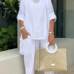 Chic Summer Casual Hemp-Cotton Suit - white