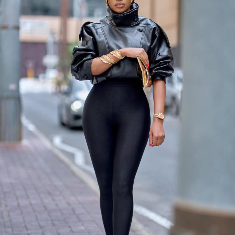 Black Lychee Grain Faux Leather Stand Collar Puff Sleeve Cropped Jacket
