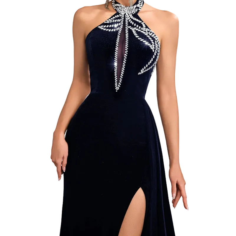 Crystal Starburst Halter Velvet Mermaid Gown with High Slit