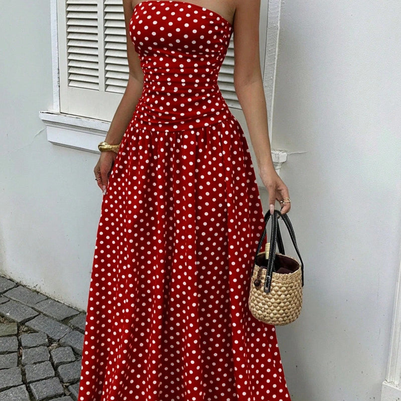 Elegant Polka-dot Off-shoulder Midi Dresses - Red