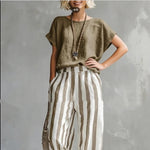 Round Neck Pullover T-Shirt And Striped Print Straight Leg Pants - brown