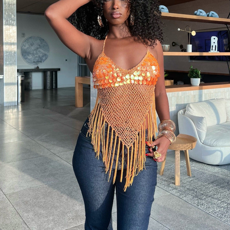 Sequined Tassel Camisole Top