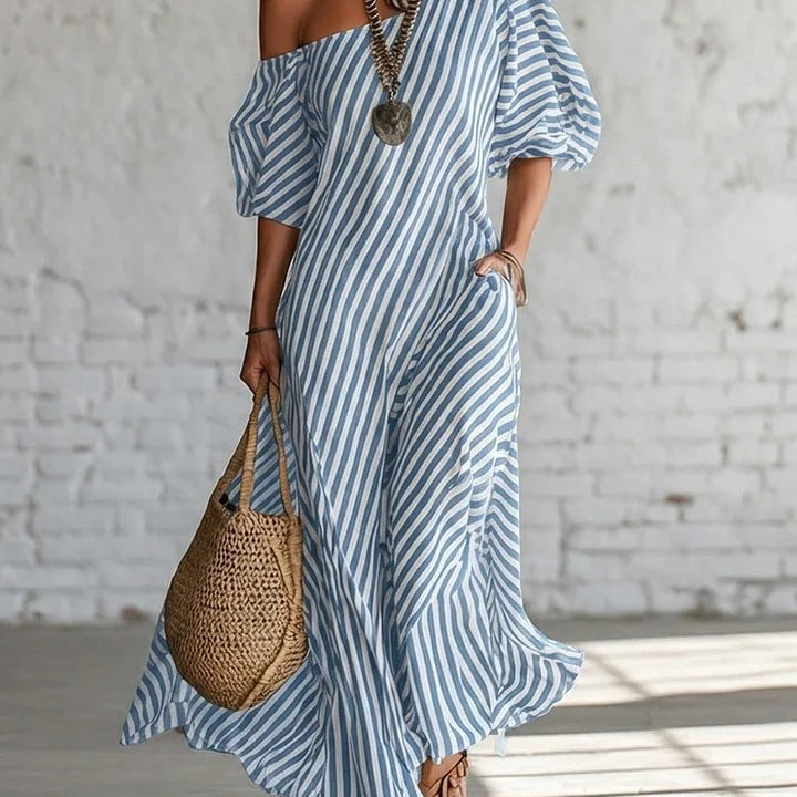 Striped Print Short-Sleeved Maxi Dress - blue