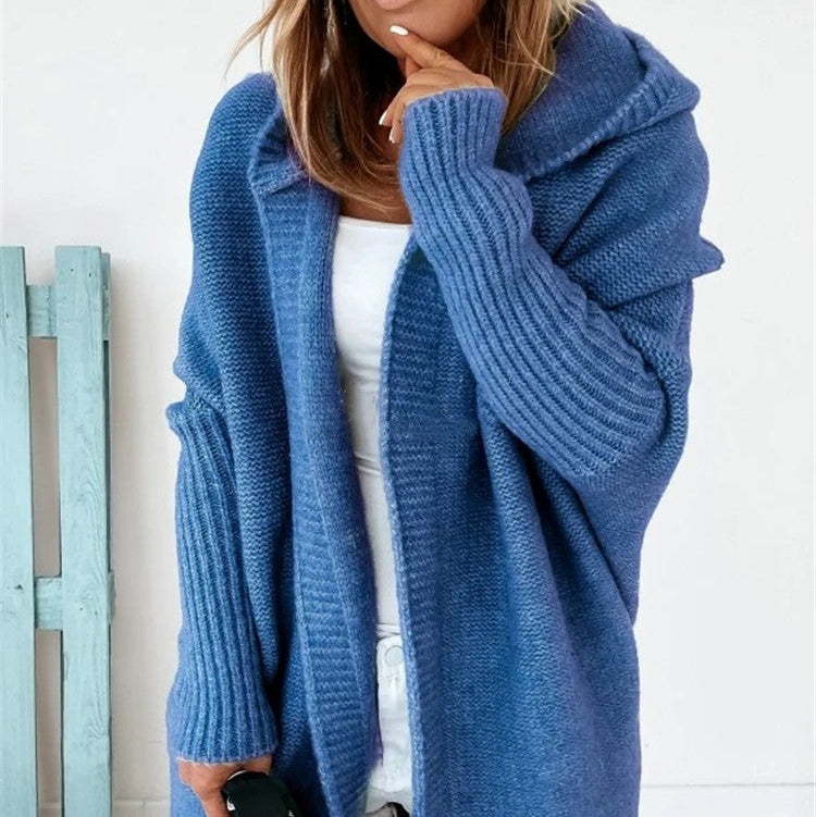 Oversized Bat Sleeve Hooded Cardigan - blue