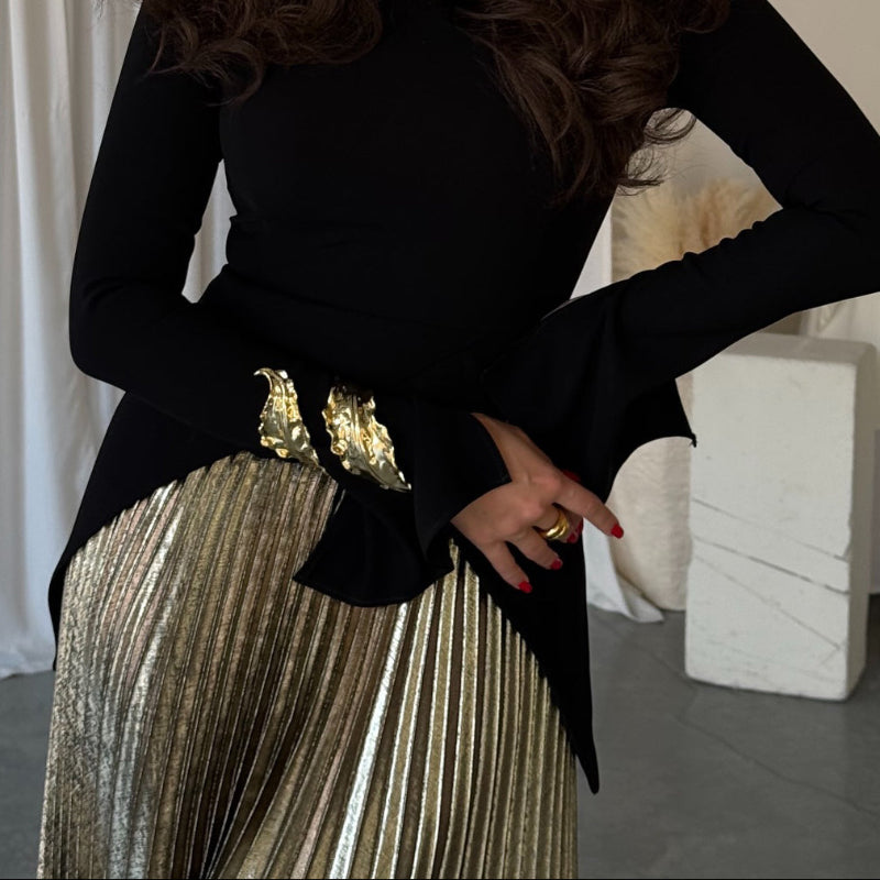 Black Bell Sleeve Irregular Hem Top & Pleated Maxi Skirt Set