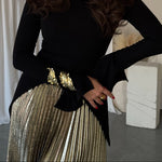 Black Bell Sleeve Irregular Hem Top & Pleated Maxi Skirt Set